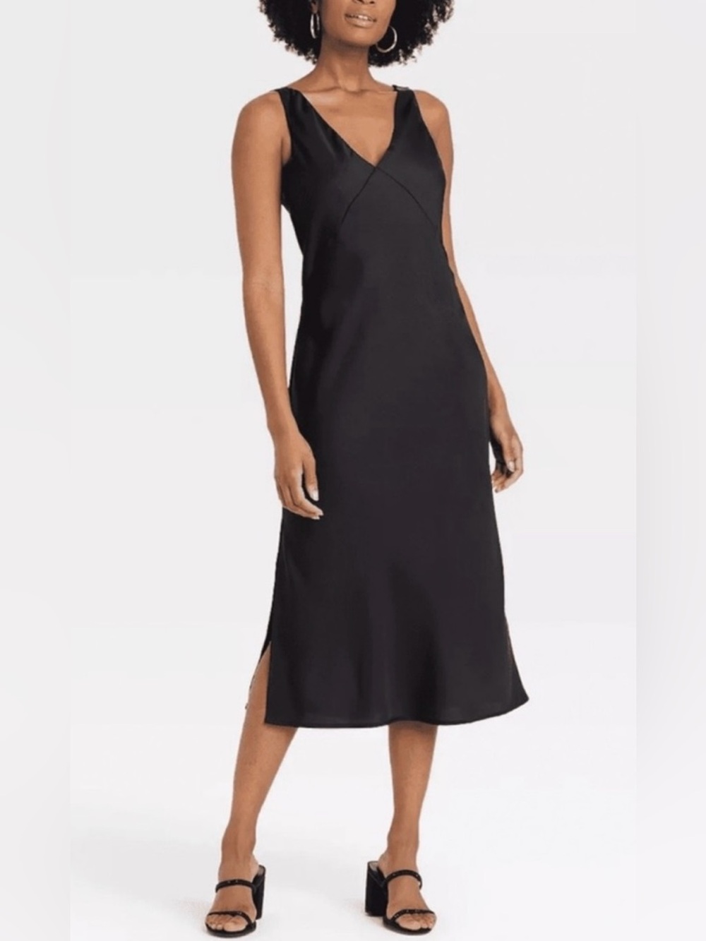 A New Day V-Neck Side Slits Midi Slip Dress In Black Size L